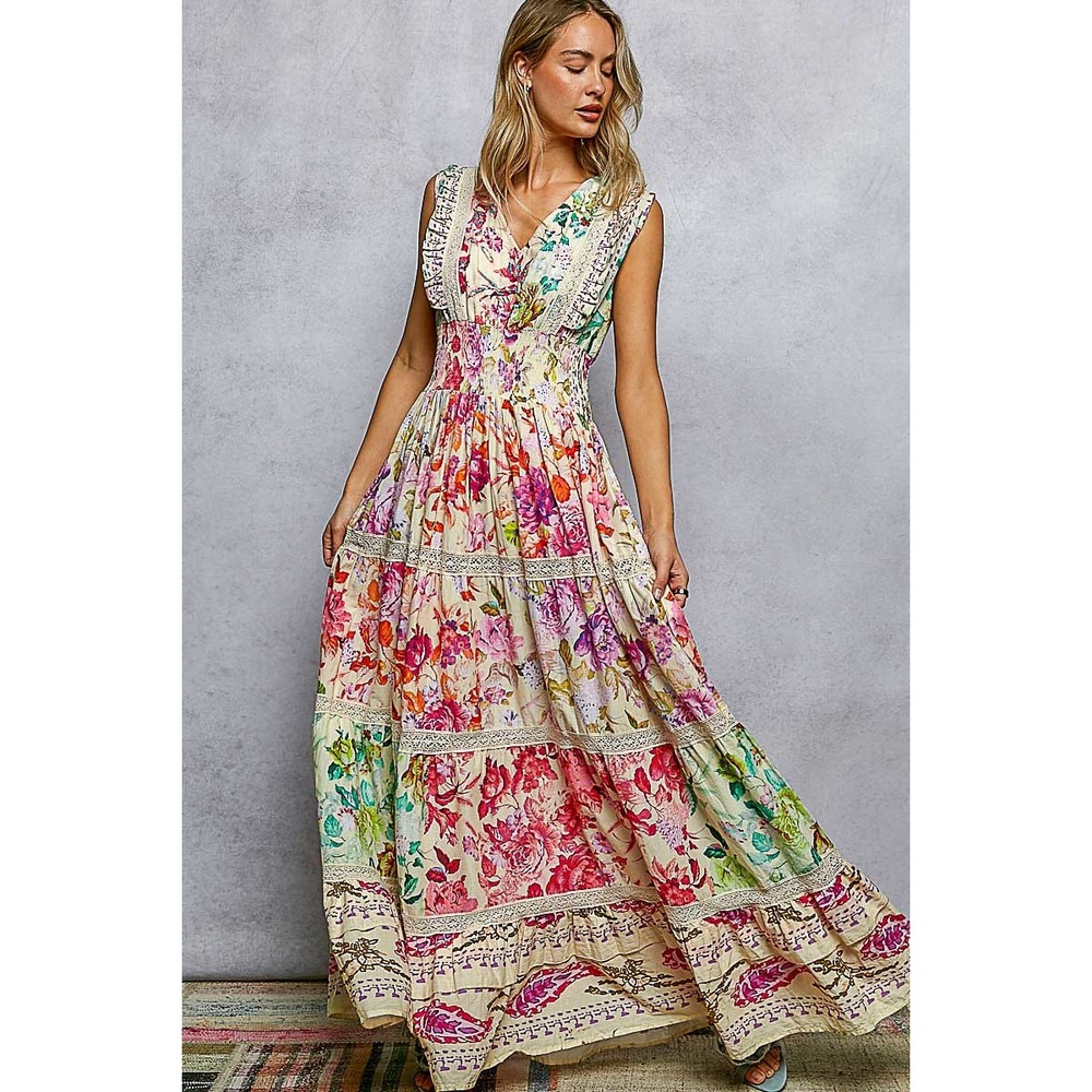 POL Floral V-Neck Sleeveless Cotton Maxi Dress Smocked Waist Ruffle Trim Boho M - Picture 7 of 7